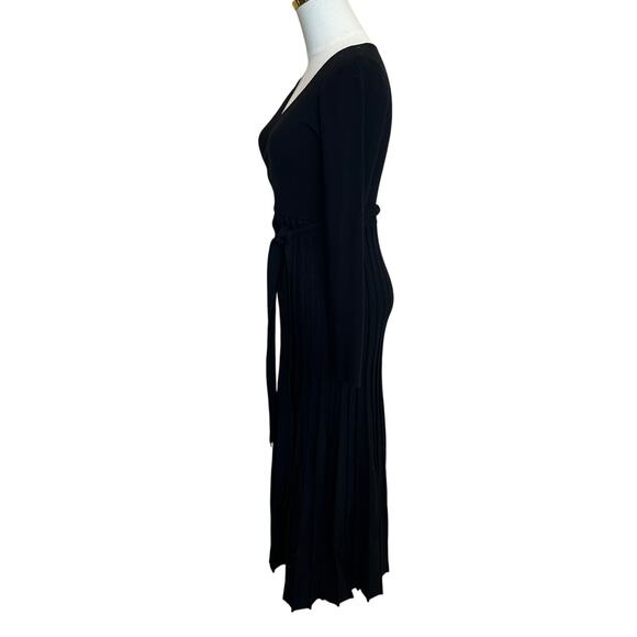 Area Stars Black Fit Flare Knit Midi Wrap Dress XS Pleated Career Designer $175 - Picture 7 of 10